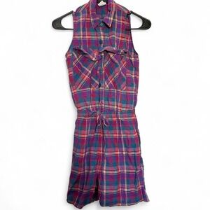 The Limited XS pink and purple plaid romper with ruffle collar and tie waist